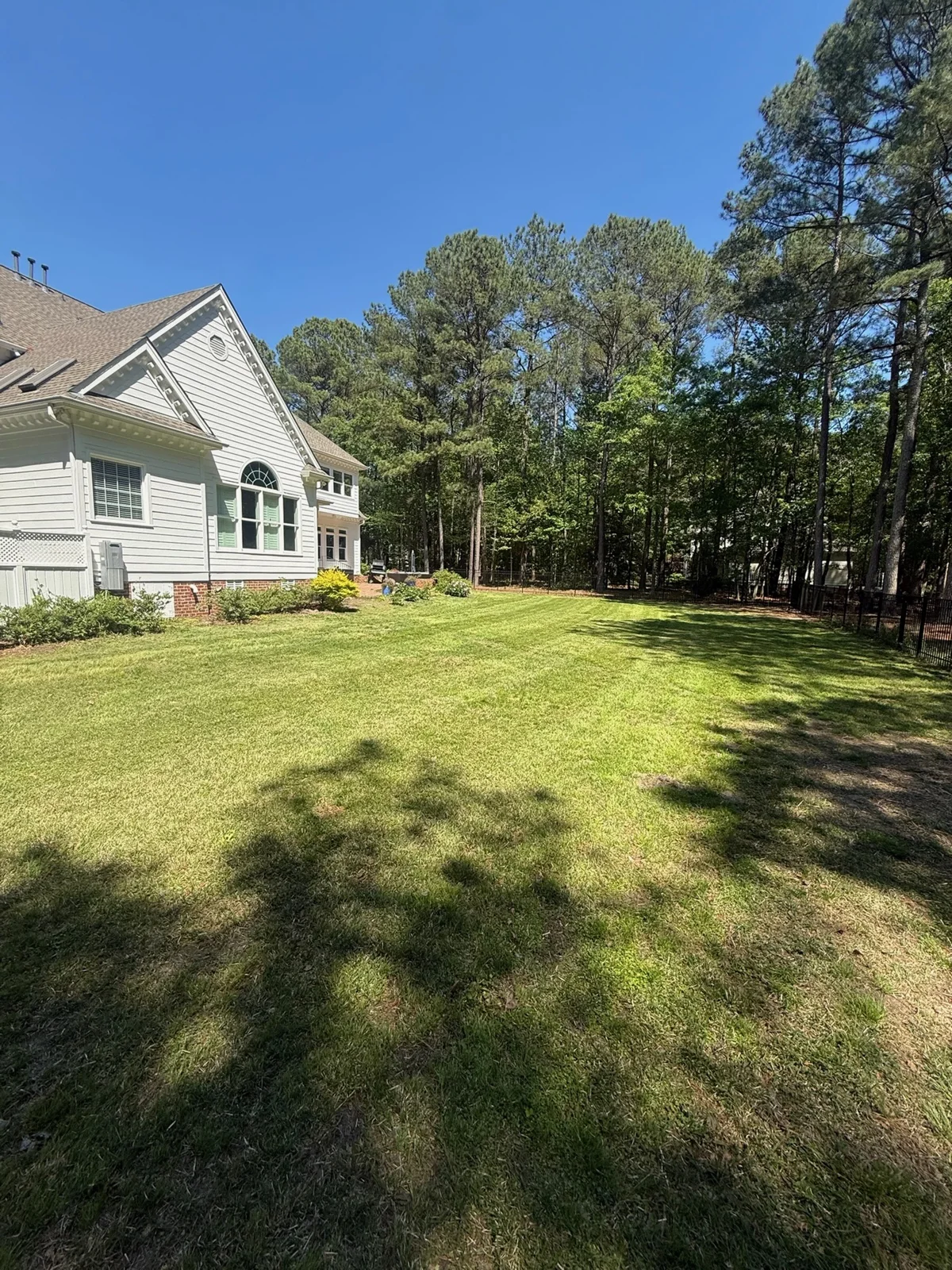 A broad backyard lawn sits beside a house and mature trees. YardU project photo.